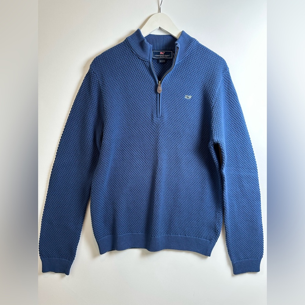 Boys XL Vineyard Vines Outlet Blue Waffle Knit 1/4 Zip Sweater